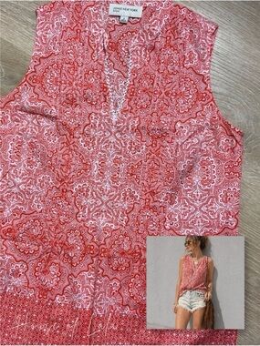 100% Cotton Red Paisley Sleeveless Top Summer Coastal Cowgirl, Boho Vibes V Neck